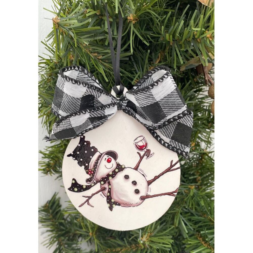 Tipsy Snowman Buffalo Plaid Bow Christmas Holiday Ornament Wood - Picture 2 of 5